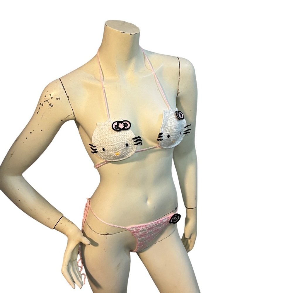 Kitty White and Pink Crochet Bikini Set